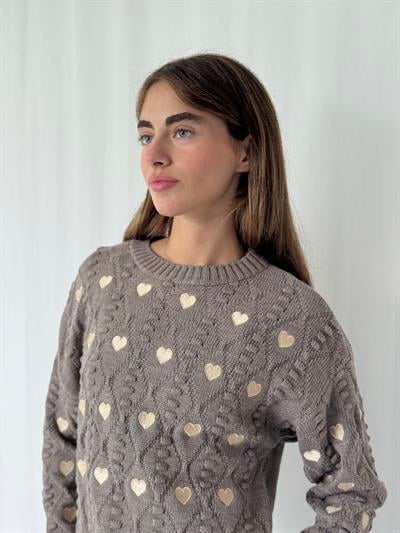 Retrobird Kalp Nakışlı Kum Kısa Triko Kazak