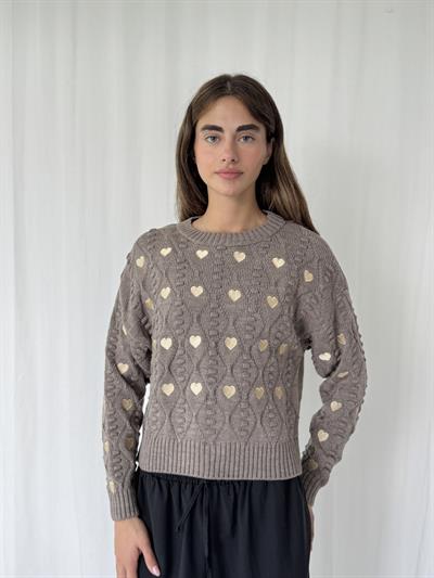 Retrobird Kalp Nakışlı Kum Kısa Triko Kazak