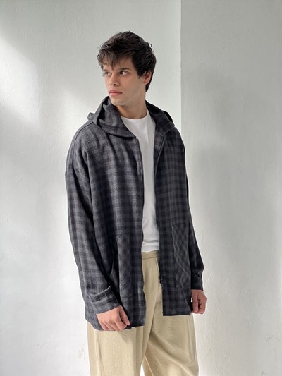 Retrobird Kapüşonlu Erkek Oversize Fermuarlı Antrasit Ceket Gömlek