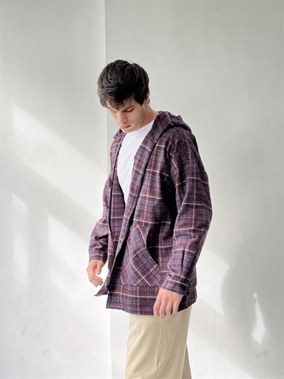 Retrobird Kapüşonlu Erkek Oversize Fermuarlı Mürdüm Ceket Gömlek