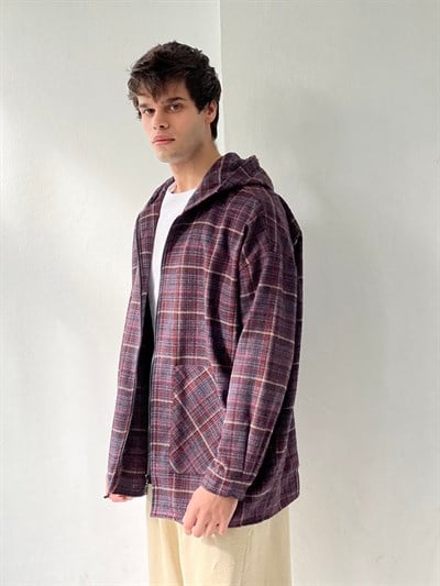 Retrobird Kapüşonlu Erkek Oversize Fermuarlı Mürdüm Ceket Gömlek