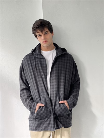 Retrobird Kapüşonlu Erkek Oversize Fermuarlı Antrasit Ceket Gömlek