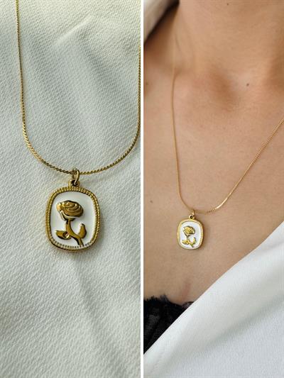 Retrobird Tarnish-Resistant Vintage Rose Pattern White Necklace