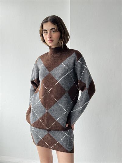 Retrobird Grey - Brown Sweater Skirt Knit Set
