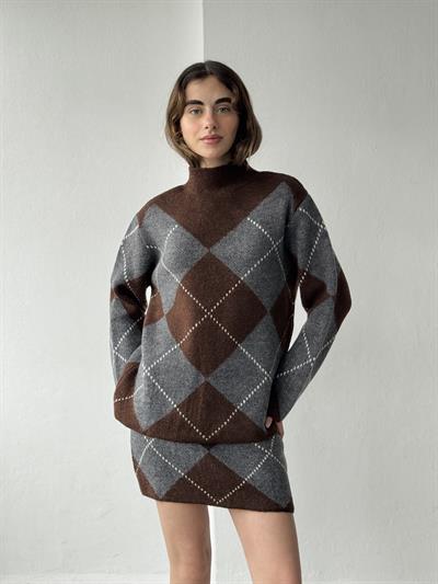 Retrobird Grey - Brown Sweater Skirt Knit Set