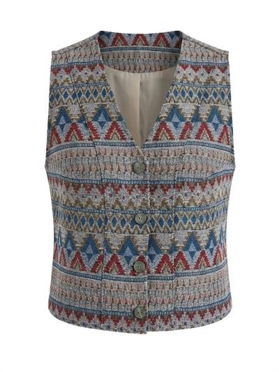 Retrobird Kilim Desen Gri-Mavi Tasarım Yelek