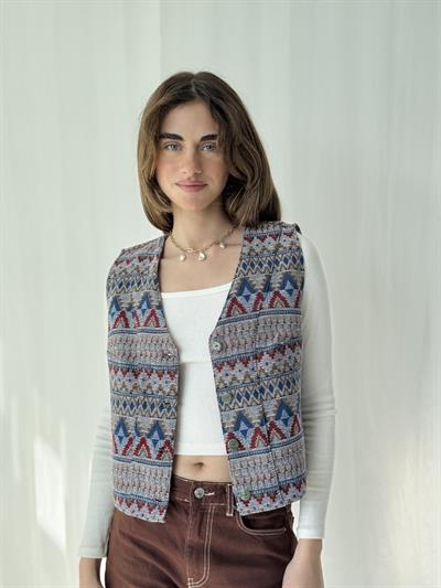 Retrobird Kilim Desen Gri-Mavi Tasarım Yelek