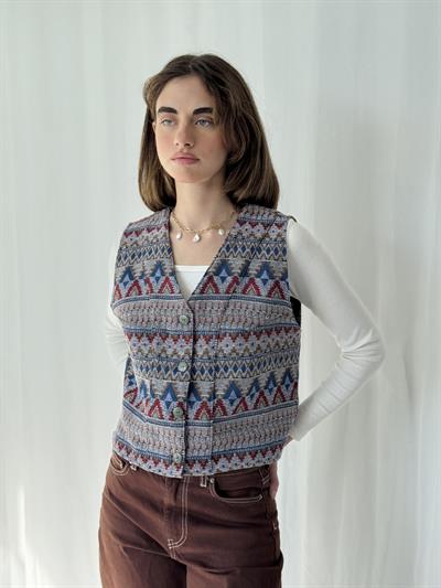 Retrobird Kilim Desen Gri-Mavi Tasarım Yelek