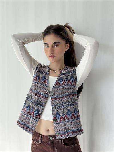 Retrobird Kilim Desen Gri-Mavi Tasarım Yelek