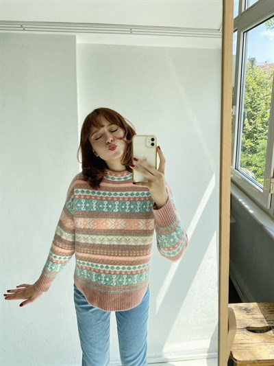 Retrobird Kilim ve Etnik Desenli Jakarlı Kazak