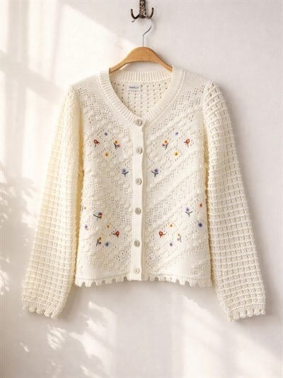 Retrobird Off-White Embroidered Romantic Cardigan