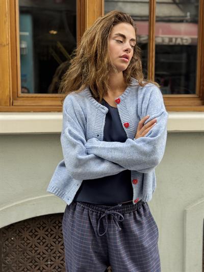 Retrobird Kısa Kalp Düğmeli Mavi Hırka