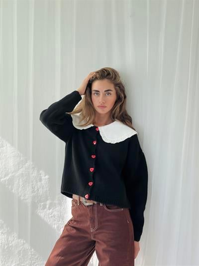 Retrobird Kısa Kalp Düğmeli Siyah Hırka