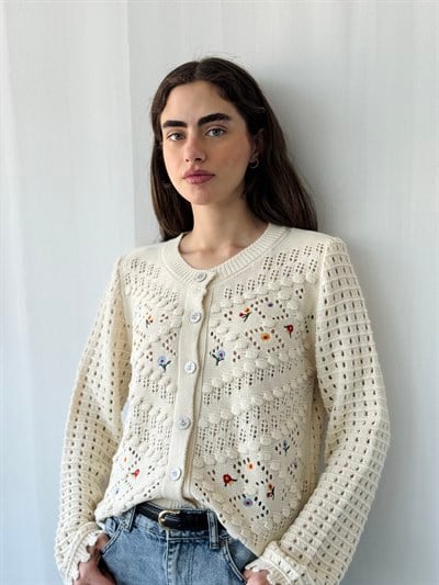 Retrobird Koyu Kum Nakış İşlemeli Romantik Hırka