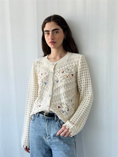 Retrobird Koyu Kum Nakış İşlemeli Romantik Hırka