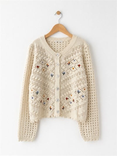 Retrobird Koyu Kum Nakış İşlemeli Romantik Hırka