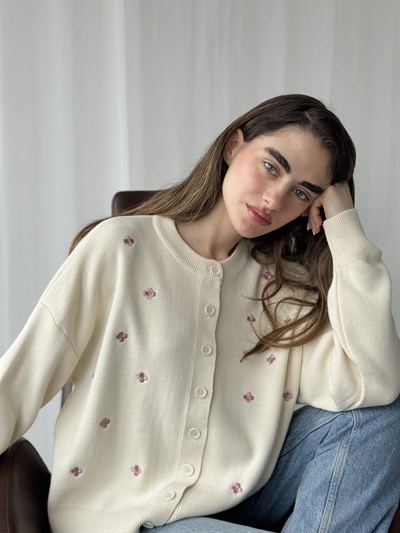 Retrobird Cream Lilac Embroidered Romantic Cardigan