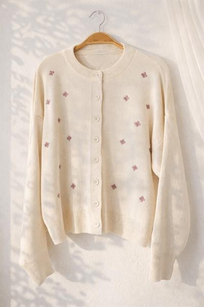 Retrobird Cream Lilac Embroidered Romantic Cardigan