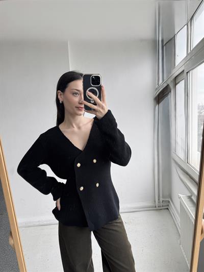 Retrobird Kruvaze Çelik Örgü Triko Ceket Siyah Hırka