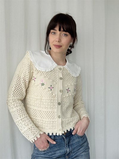 Retrobird Sand-Colored Embroidered Romantic Cardigan