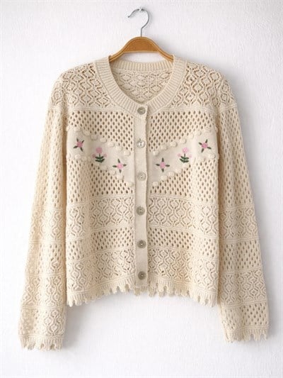 Retrobird Sand-Colored Embroidered Romantic Cardigan