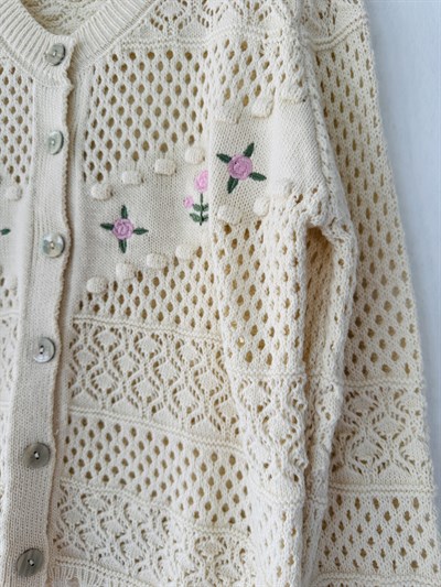 Retrobird Sand-Colored Embroidered Romantic Cardigan