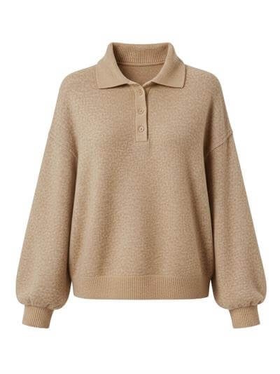 Retrobird Sand-Colored Polo Collar Basic Sweater