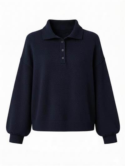 Retrobird Navy Blue Polo Collar Basic Sweater