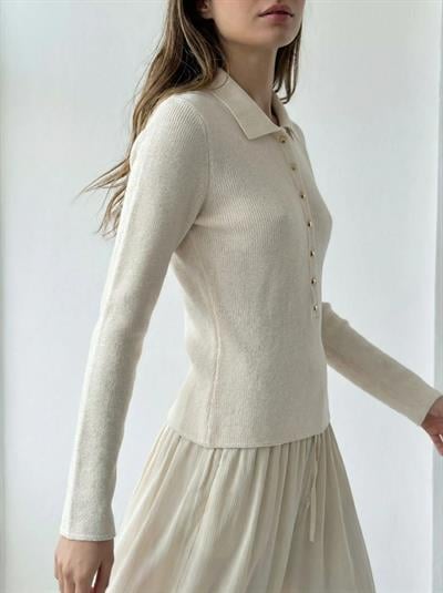 Retrobird Lycra Thin Polo Collar Cream Basic Sweater