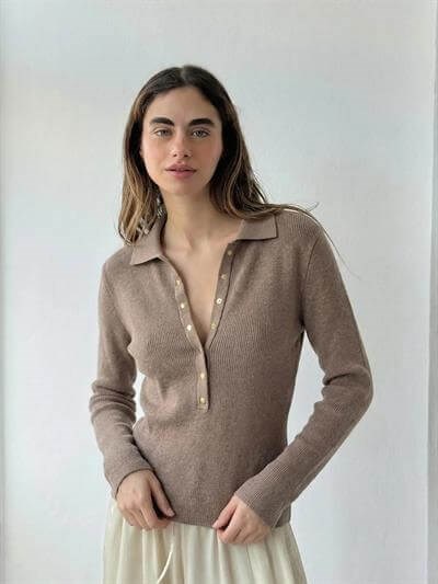 Retrobird Lycra Thin Polo Collar Mink Basic Sweater