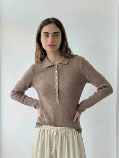 Retrobird Lycra Thin Polo Collar Mink Basic Sweater