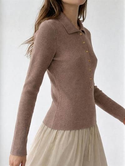 Retrobird Lycra Thin Polo Collar Mink Basic Sweater