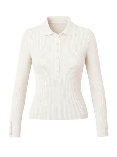 Retrobird Lycra Thin Premium Ecru Polo Collar Basic Sweater