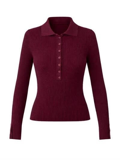 Retrobird Lycra Thin Premium Wine Red Polo Collar Basic Sweater