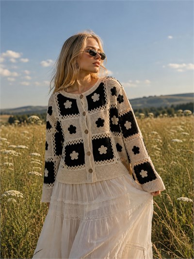 Retrobird Lottie Çiçek Motifli Düğmeli Krem - Siyah Kroşe Hırka