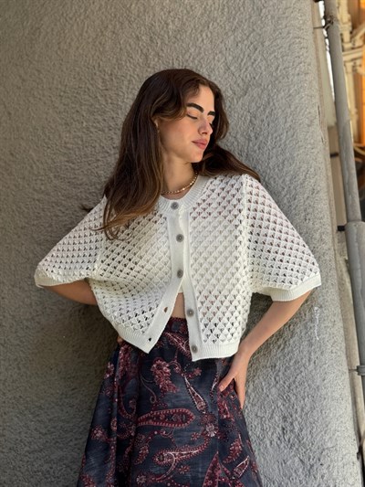 Retrobird Lou Retro Openwork Beige Short Cardigan