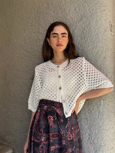 Retrobird Lou Retro Openwork Beige Short Cardigan