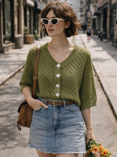 Retrobird Lou Retro Openwork Khaki Short Cardigan