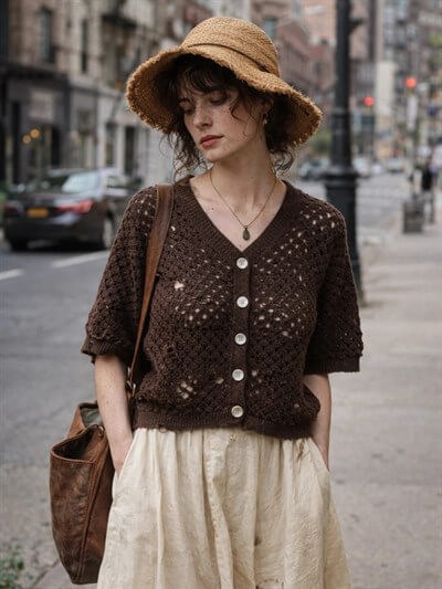 Retrobird Lou Retro Openwork Brown Short Cardigan