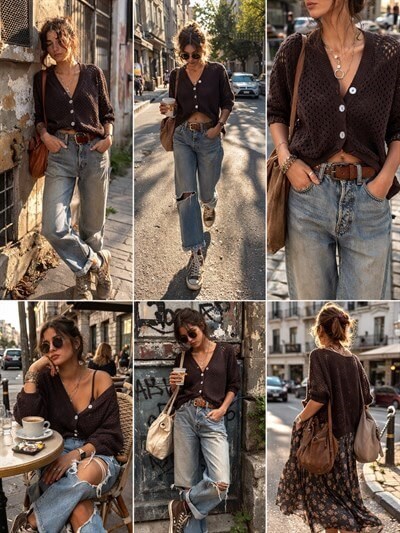 Retrobird Lou Retro Openwork Brown Short Cardigan