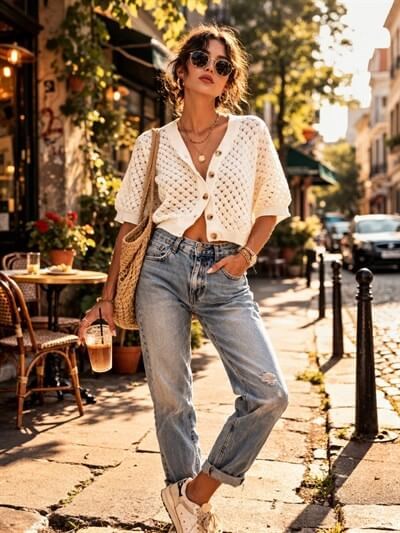 Retrobird Lou Retro Openwork Cream Short Cardigan