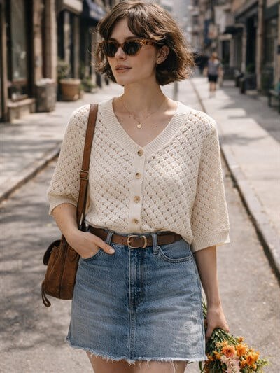 Retrobird Lou Retro Openwork Cream Short Cardigan