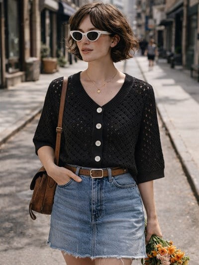 Retrobird Lou Retro Openwork Black Short Cardigan