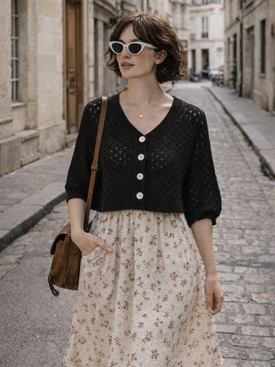 Retrobird Lou Retro Openwork Black Short Cardigan