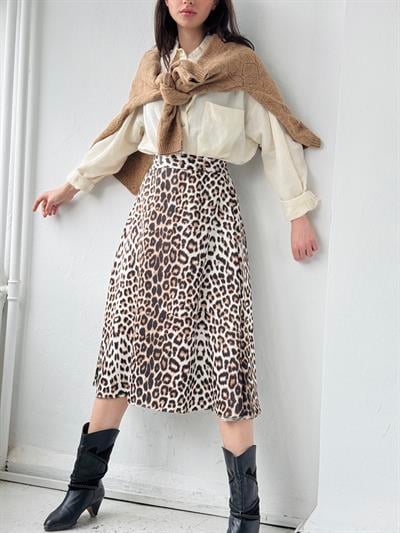 Retrobird Luna Saten Yüzeyli Leopar Midi Boy Etek