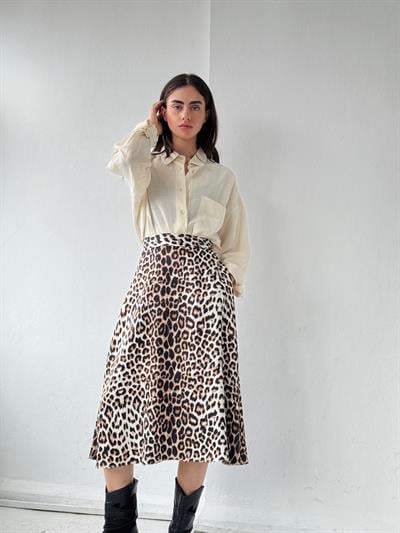 Retrobird Luna Saten Yüzeyli Leopar Midi Boy Etek