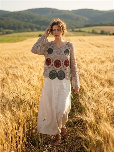 Retrobird Mabel Kroşe Motifli Bordo - Yeşil Ajurlu Kazak