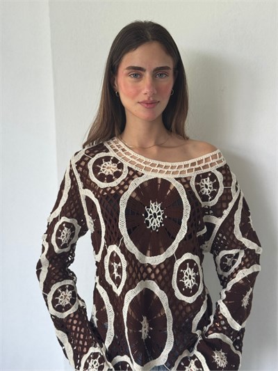 Retrobird Mabel Kroşe Motifli Kızıl Kahve Ajurlu Kazak