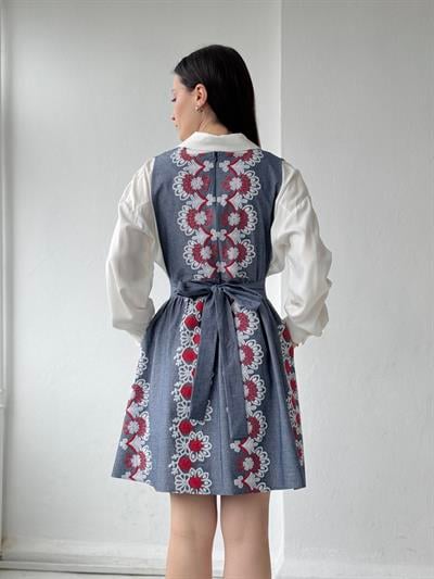 Retrobird Mandy Embroidered Detailed Indigo Short Gilet Dress