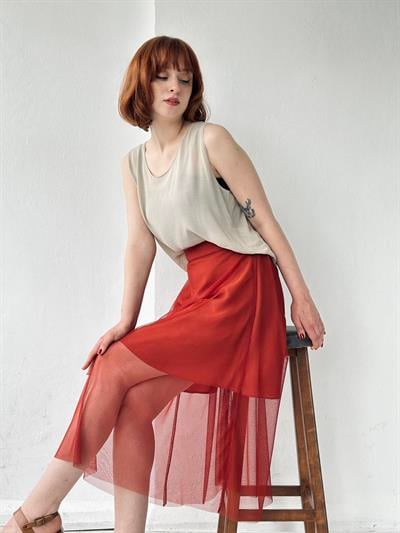 Retrobird Kiremit Midi Boy Tül Romantik Tasarım Etek